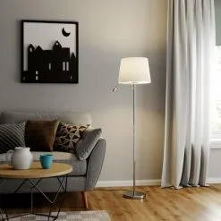 LAMPENWELT LED Lampadaire Tissu 'Benjiro' En Textile Pour Salon & Salle à Manger - Blanc, Chromé -LAMPENWELT Soldes Boutique 9185591 2